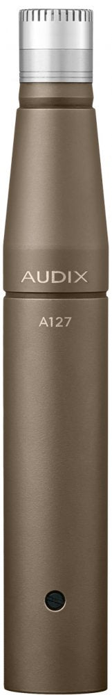 Bronze cylindrical microphone with silver grille and AUDIX A127 text on its body.