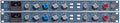 Blue metal stereo processor panel with two identical channels featuring knobs, toggle switches, meters, and red gain make-up controls.