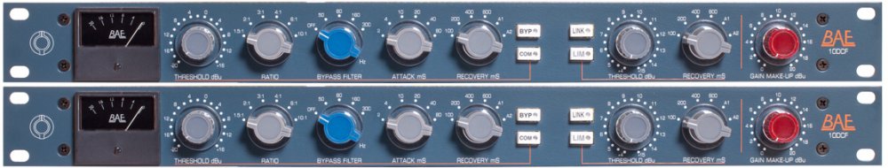 Blue metal stereo processor panel with two identical channels featuring knobs, toggle switches, meters, and red gain make-up controls.