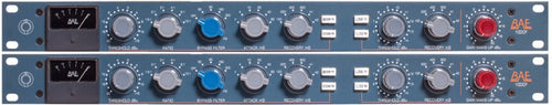 Blue metal stereo processor panel with two identical channels featuring knobs, toggle switches, meters, and red gain make-up controls.
