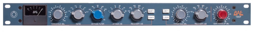 Front panel of a BAE 10DCF audio processor with multiple control knobs, meters, and indicator lights.