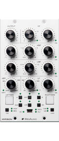 Front panel of a WesAudio Hyperion audio processor with various knobs, buttons, and LEDs on a white surface.