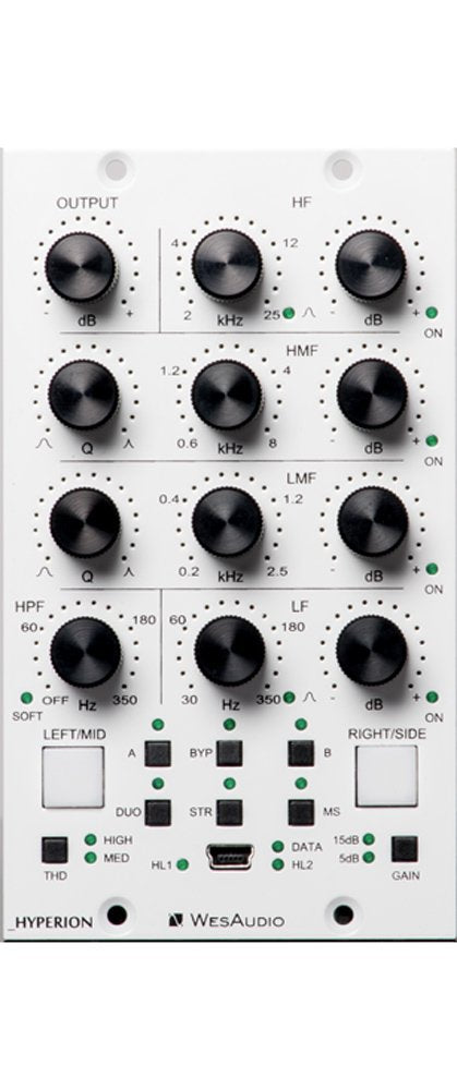 Front panel of a WesAudio Hyperion audio processor with various knobs, buttons, and LEDs on a white surface.
