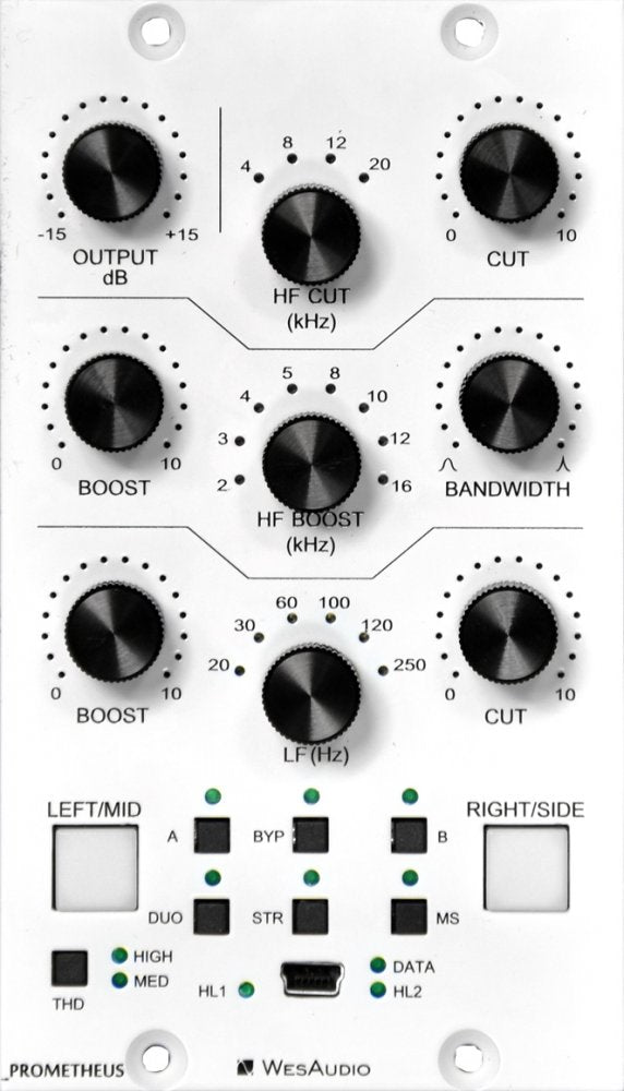 Front panel of an audio processor with rotary knobs, push buttons, LED indicators, and a USB port from WesAudio.