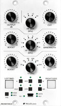 Front panel of an audio processor with rotary knobs, push buttons, LED indicators, and a USB port from WesAudio.