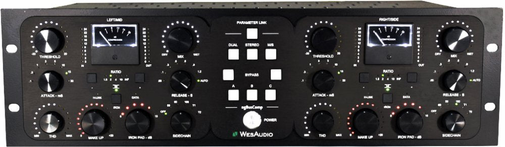Front panel of a WesAudio audio processor with knobs, switches, and meters for left/mid and right/side channels.