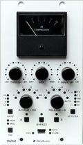 Front panel of an audio compression processor with knobs, push buttons, a meter, and a central data port.