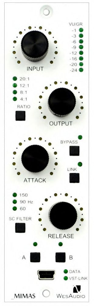 White audio processor panel with knobs, buttons, LED indicators, and a USB connector labeled MIMAS WesAudio.