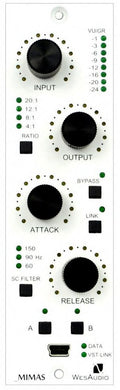 White audio processor panel with knobs, buttons, LED indicators, and a USB connector labeled MIMAS WesAudio.