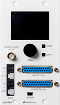 Front panel of a white audio device with a screen, rotary knob, push buttons, and multiple input/output connectors.