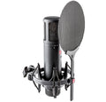 Black studio microphone with shock mount and round mesh pop filter on a white background.
