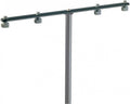 Metal T-shaped stand with a vertical pole and a horizontal bar featuring four knurled screws.
