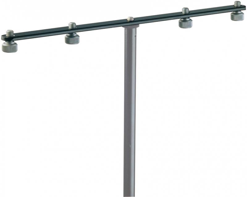 Metal T-shaped stand with a vertical pole and a horizontal bar featuring four knurled screws.