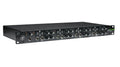 Rackmount audio monitor control unit with multiple knobs and headphone jacks on front panel.