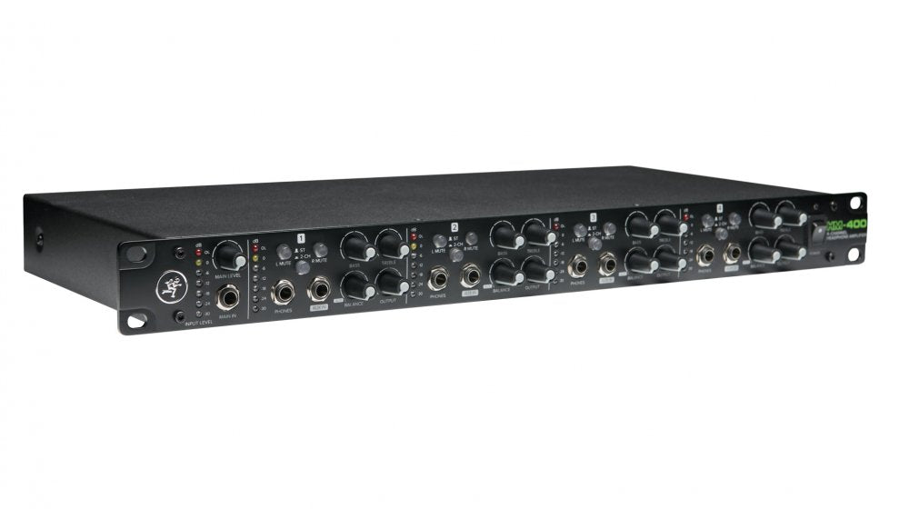 Rackmount audio monitor control unit with multiple knobs and headphone jacks on front panel.