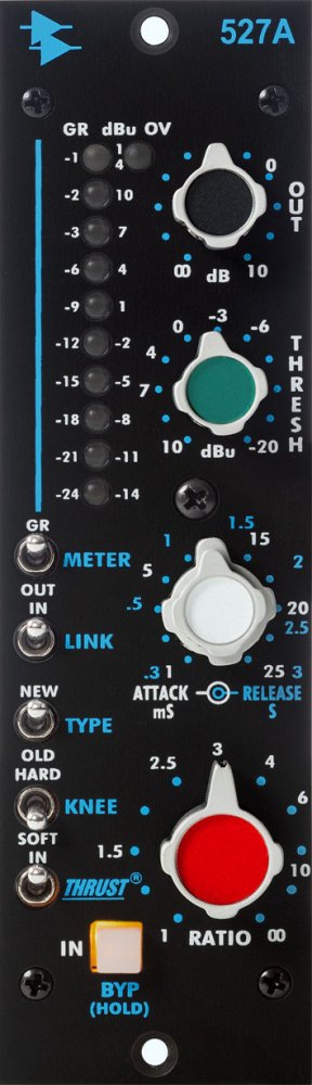 Black rackmount audio compressor module with multiple knobs, LED meter, toggle switches, and push button.