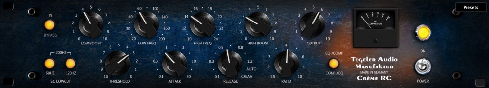Front panel of an audio processor with knobs, buttons, a meter, and a power switch on a dark metal surface.