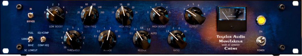 Blue audio processor panel with multiple knobs, a VU meter, toggle switch, and power button labeled Tegeler Audio Crème.