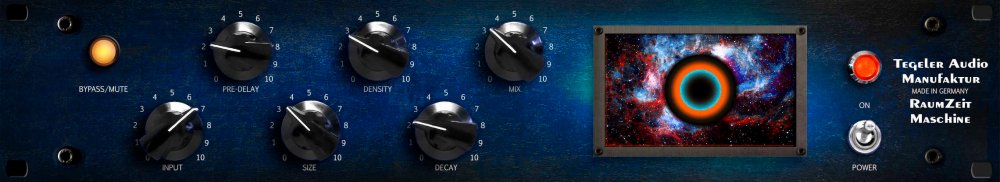 Black audio effects unit with multiple knobs, toggle switch, button, and colorful screen displaying a cosmic eye image.