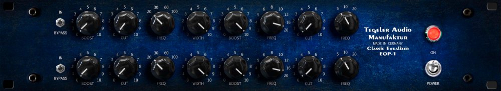 Front panel of a blue Tegeler Audio Manufaktur Classic Equalizer EQP-1 with black knobs, toggle switch, and red push button.