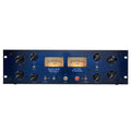 Front panel of a blue Tegeler Audio Vari Tube Compressor with knobs, VU meters, and switches.