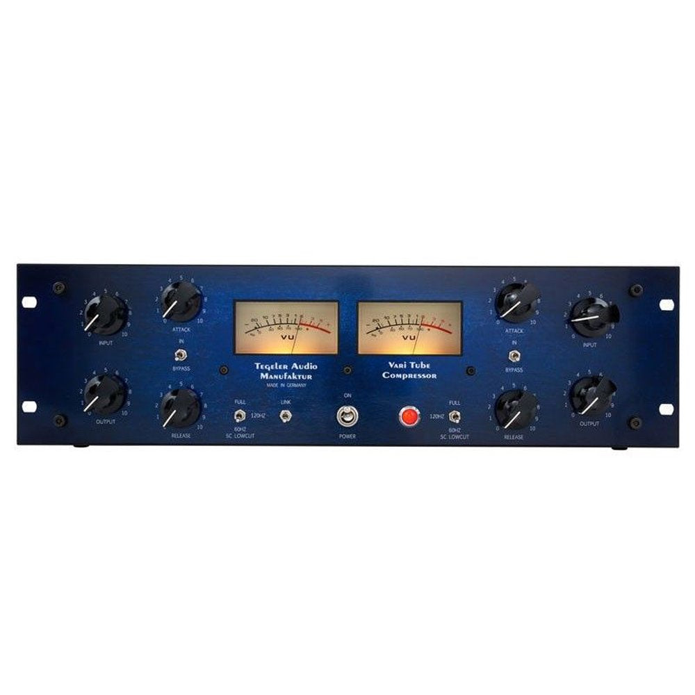 Front panel of a blue Tegeler Audio Vari Tube Compressor with knobs, VU meters, and switches.