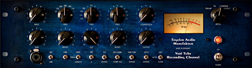 Front panel of a Tegeler Audio Vari Tube Recording Channel with knobs, switches, a combo input, and a VU meter.