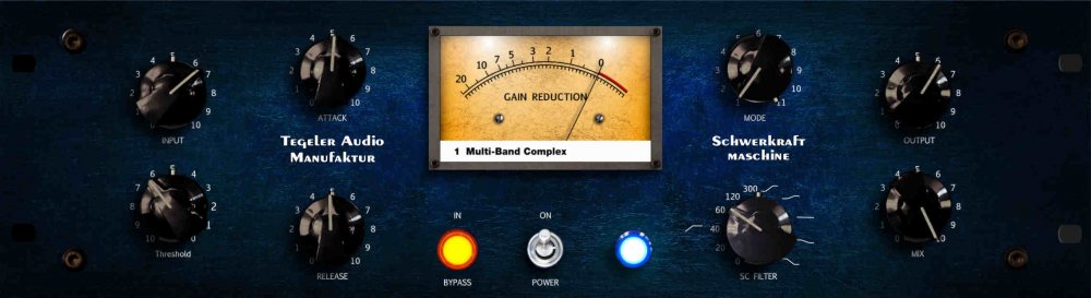 Black audio processor front panel with knobs, a large gain reduction meter, toggle switch, and illuminated push buttons.