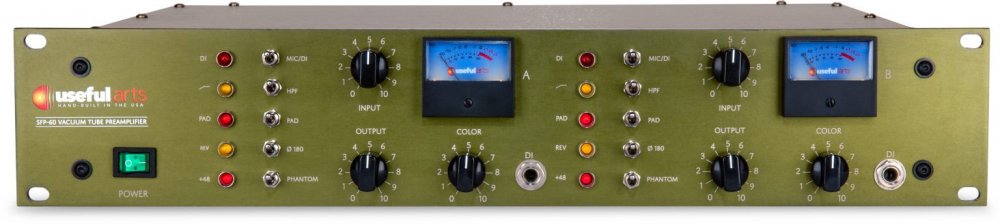 Front panel of an olive green Useful Arts SFP-60 microphone preamplifier with knobs, switches, lights, and two meters.