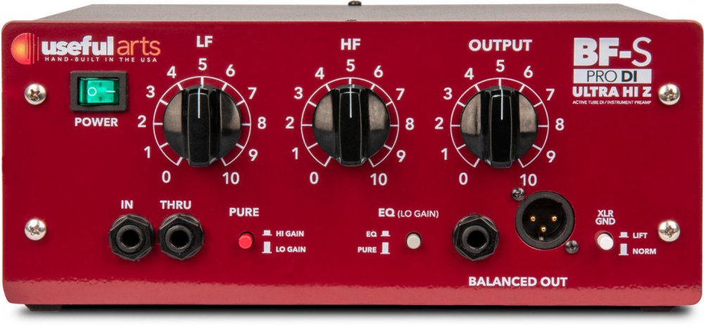 Front panel of a red Useful Arts BF-S Pro DI tube instrument preamp with knobs, switches, and jacks.