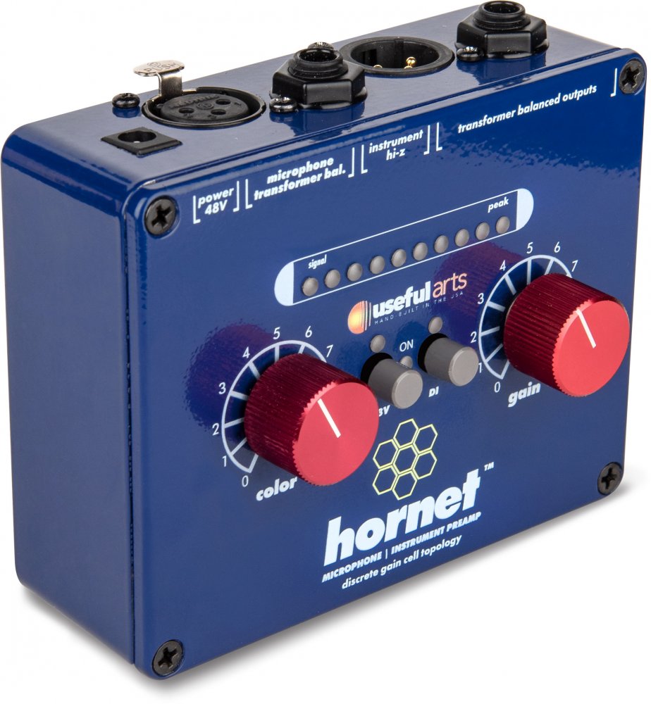 Blue rectangular audio preamp device with red knobs, push buttons, multiple input and output connectors, and LED signal indicators.