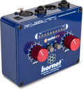Blue rectangular audio preamp device with red knobs, push buttons, multiple input and output connectors, and LED signal indicators.