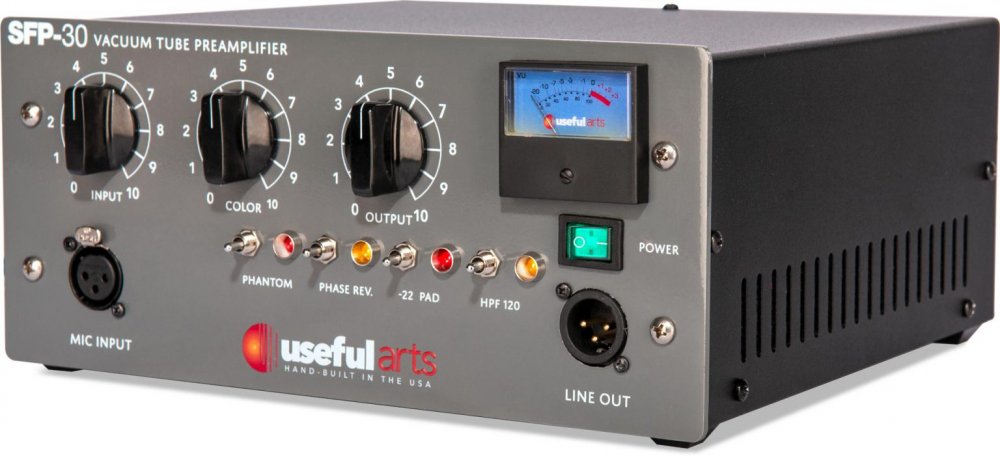 Black and gray USEFUL ARTS SFP-30 vacuum tube preamplifier with knobs, toggle switches, power switch, and XLR connectors.