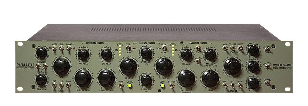 Front panel of a Modular Channel 8755DS audio preamp/DI unit with multiple knobs and switches.