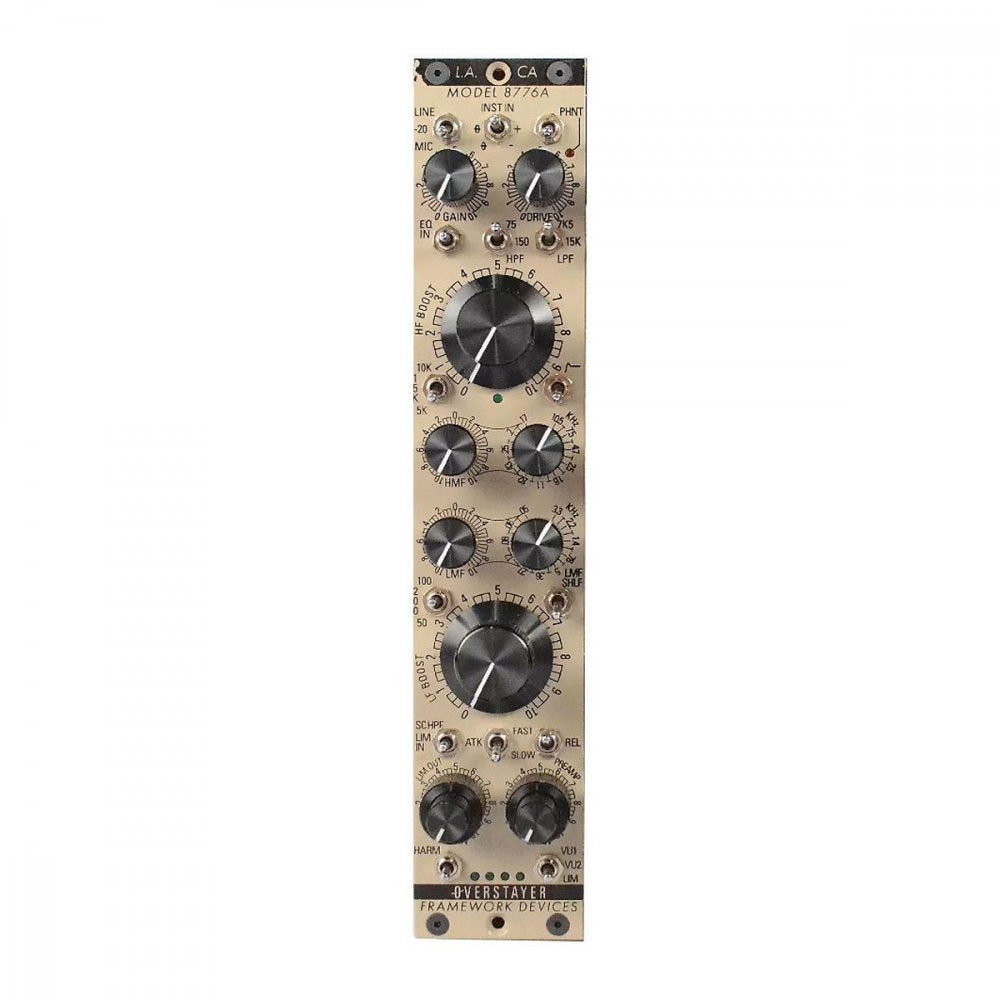 Front view of a beige Overstayer Framework Devices 8776A model preamp panel with multiple knobs and switches.
