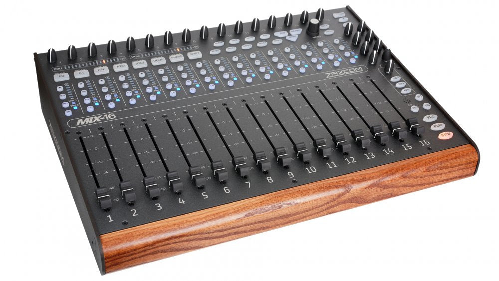Black audio mixer with 16 channel faders, rotary knobs, buttons, and wood side panels