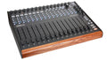 Black audio mixer with 16 channel faders, rotary knobs, buttons, and wood side panels