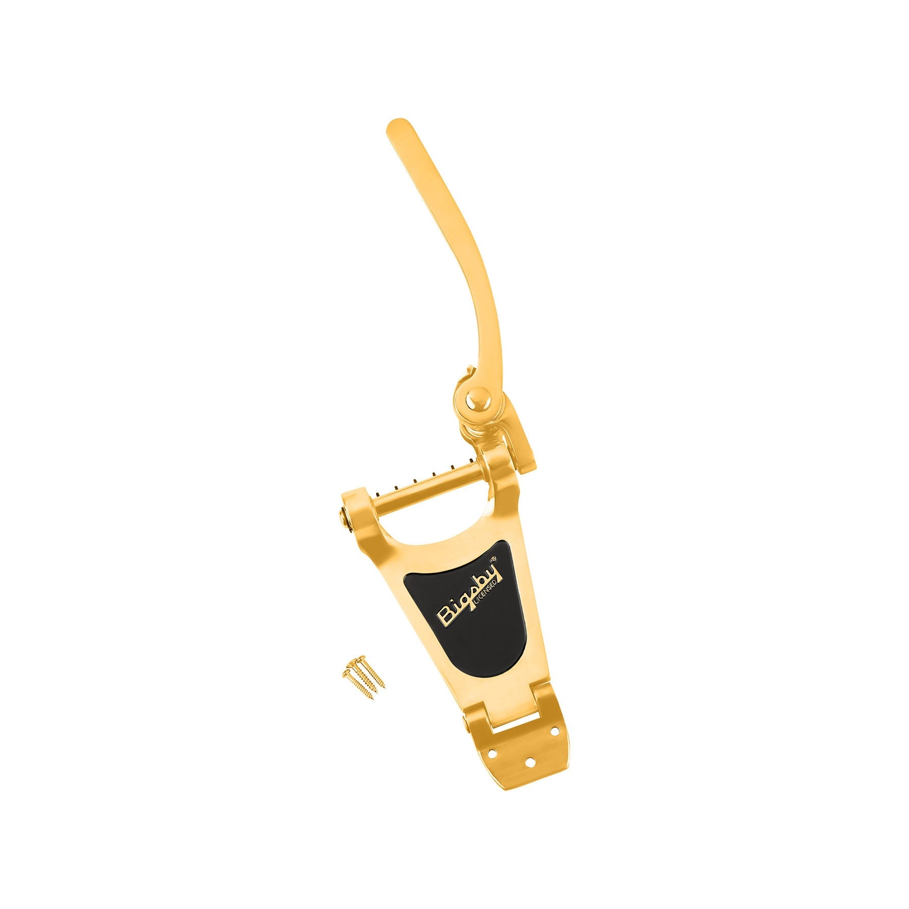 Gold colored metal tremolo arm assembly with black label and three screws on a white background.