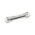 Polished silver metal bridge assembly with two adjustment knobs and screw holes on each end.