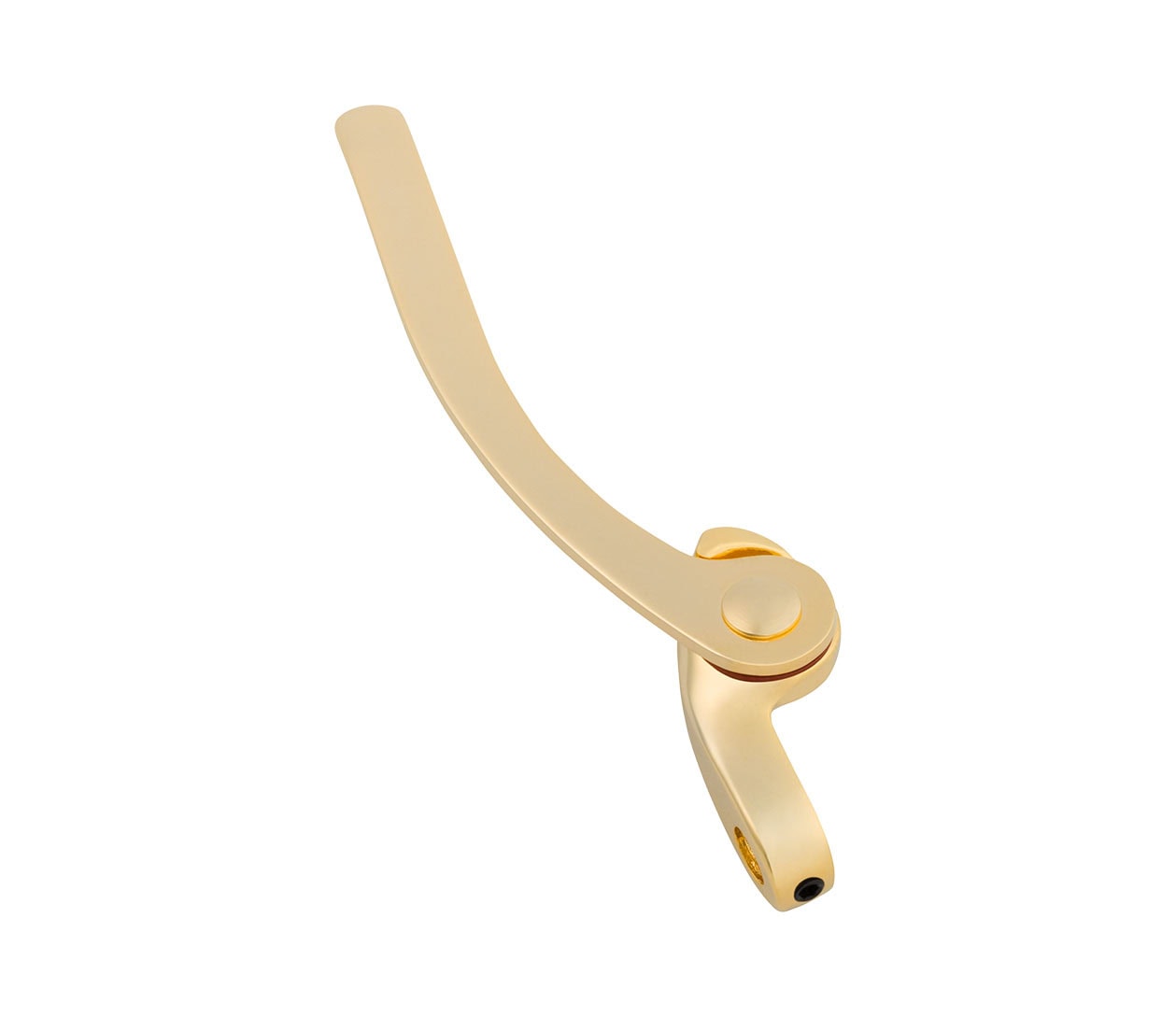 Gold-colored metal handle assembly with a curved lever and pivot point on a white background.