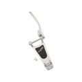 Polished aluminum guitar tremolo arm mechanism with three screws and black inlay labeled Bigsby licensed.