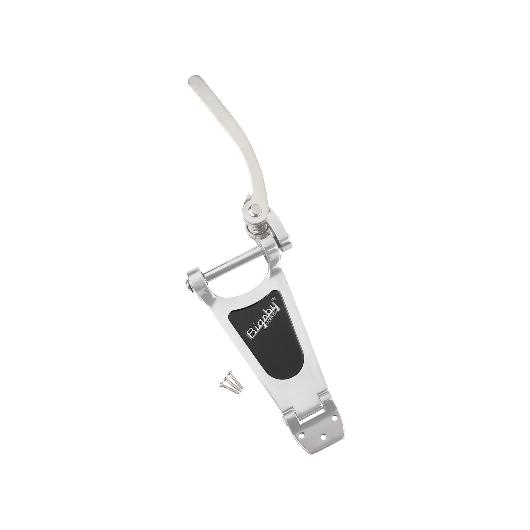 Polished aluminum guitar tremolo arm mechanism with three screws and black inlay labeled Bigsby licensed.
