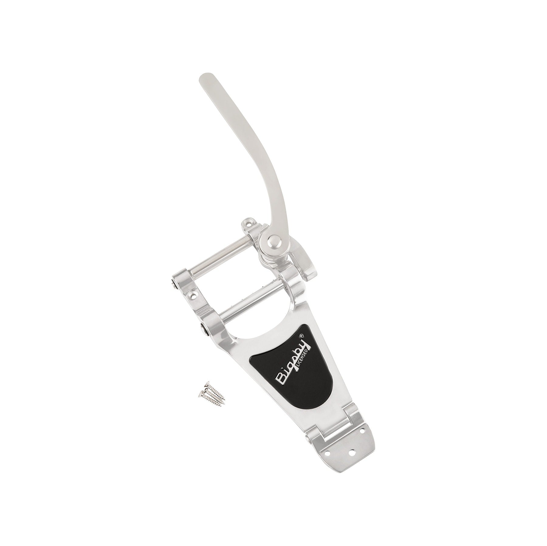 Polished silver metal tremolo arm assembly with black plate and three mounting screws.
