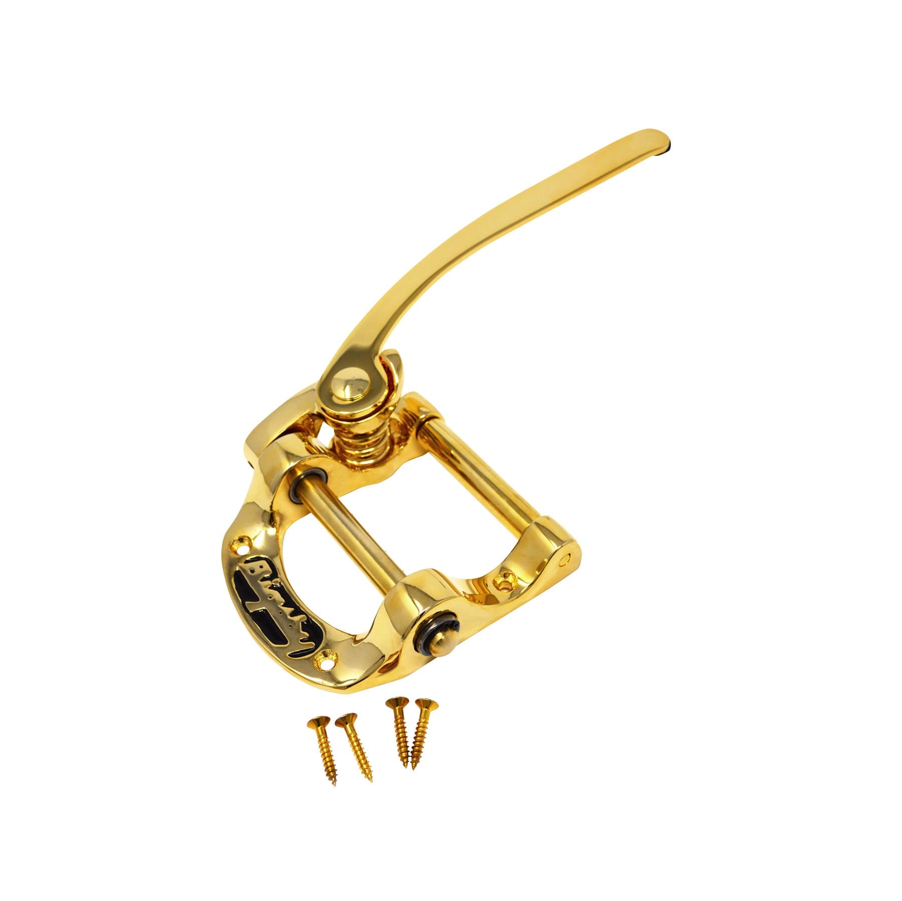Gold-colored vibrato tailpiece with lever and Bigsby branding, shown with four screws on a white background.