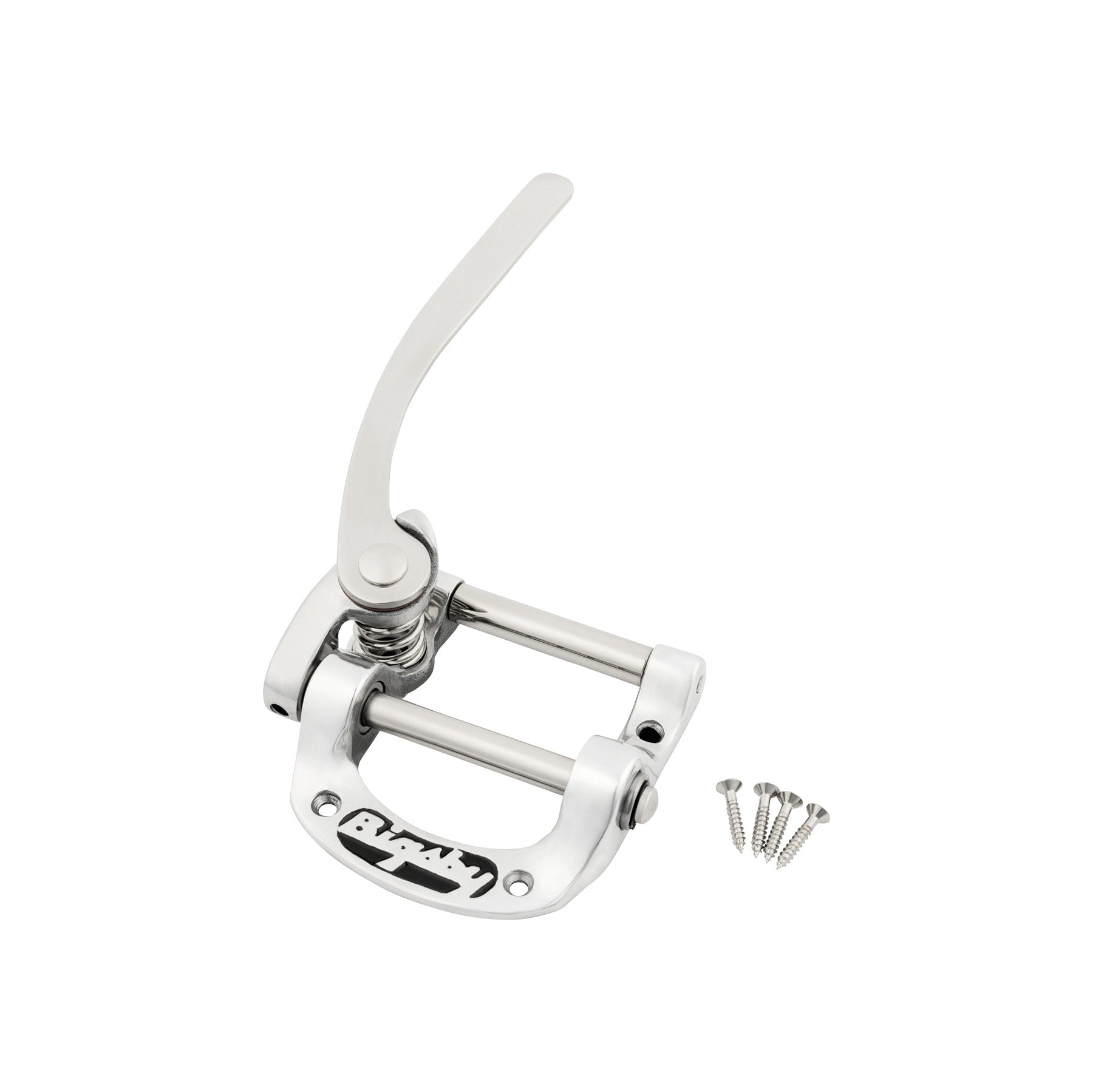 Polished metal vibrato tailpiece with lever and four screws on white background.