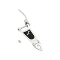Polished silver vibrato tailpiece with a lever arm and three screws on a white background.