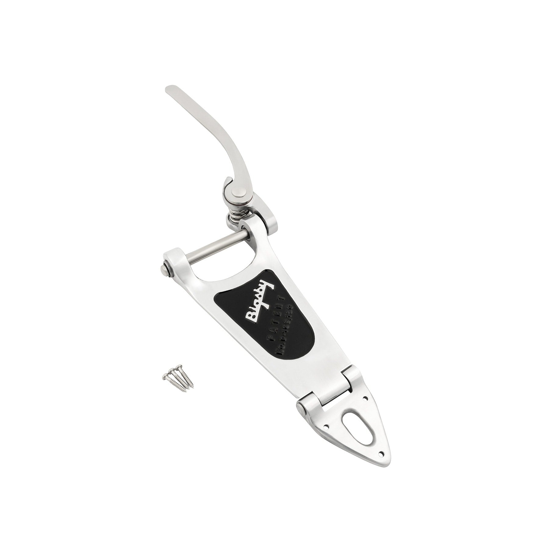 Polished silver vibrato tailpiece with a lever arm and three screws on a white background.