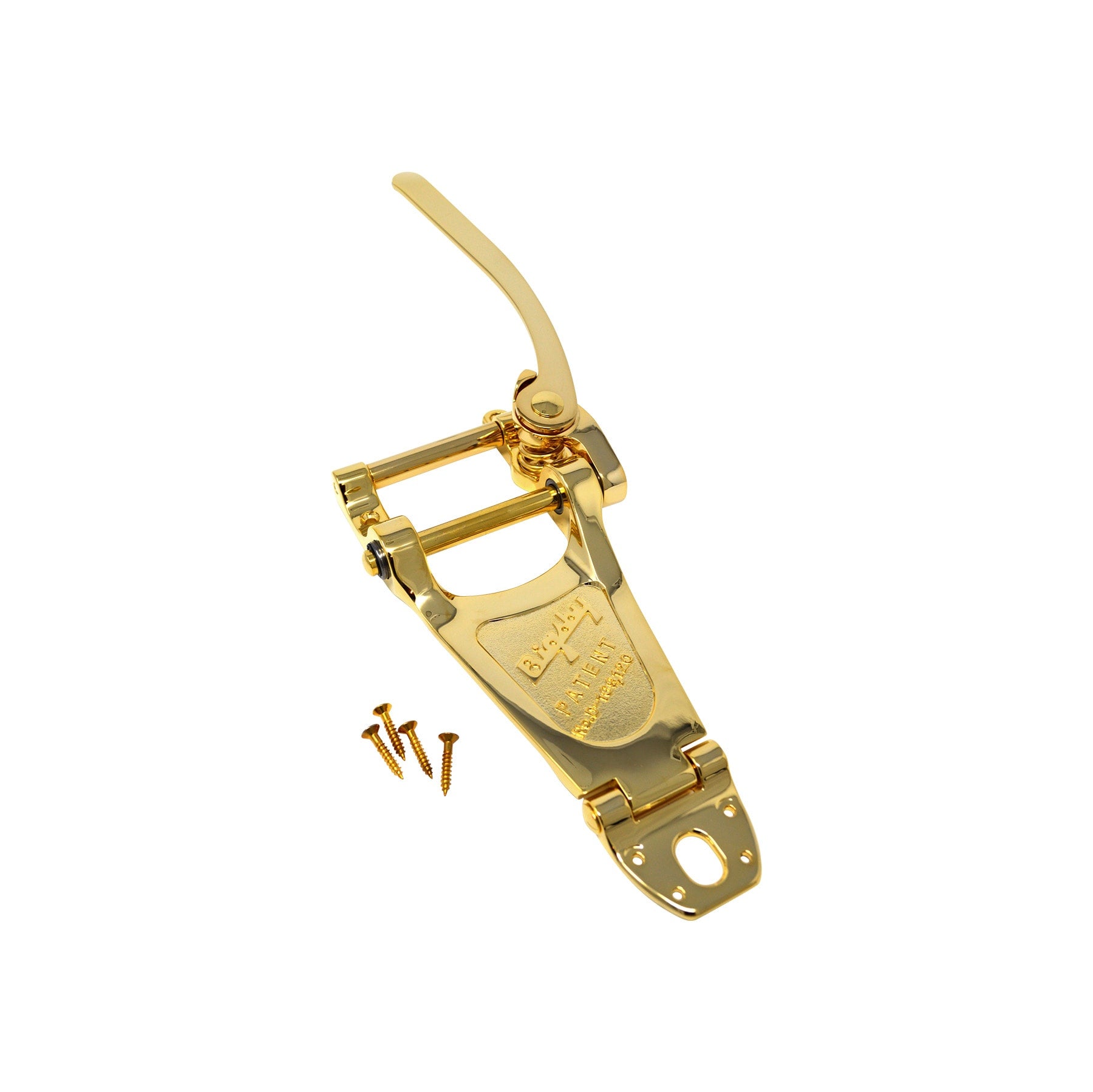 Gold-colored metallic vibrato tailpiece with mounting screws and lever arm on a white background.