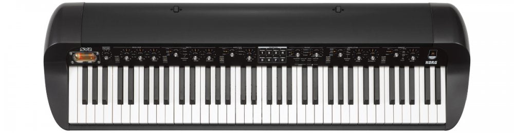 Black and white keyboard synthesizer with multiple knobs and buttons and a small central display screen.