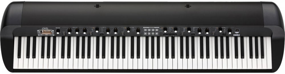 Black and white electronic keyboard with multiple control knobs, push buttons, keypad, and KORG branding.